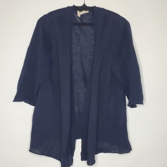 Eileen Fisher LINEN Open Front Cardigan Size L Navy 3/4 Sleeve Sweater Casual - Picture 1 of 10